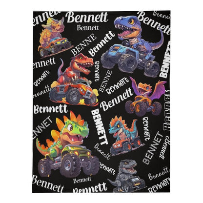 Personalized Name Monster Dinosaur Truck Blanket - Gift for Kids