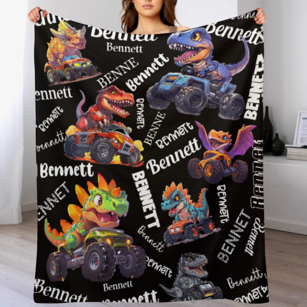 Personalized Name Monster Dinosaur Truck Blanket - Gift for Kids