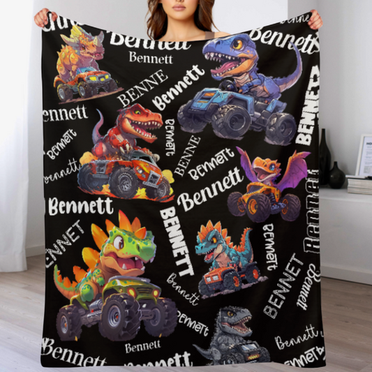 Personalized Name Monster Dinosaur Truck Blanket - Gift for Kids