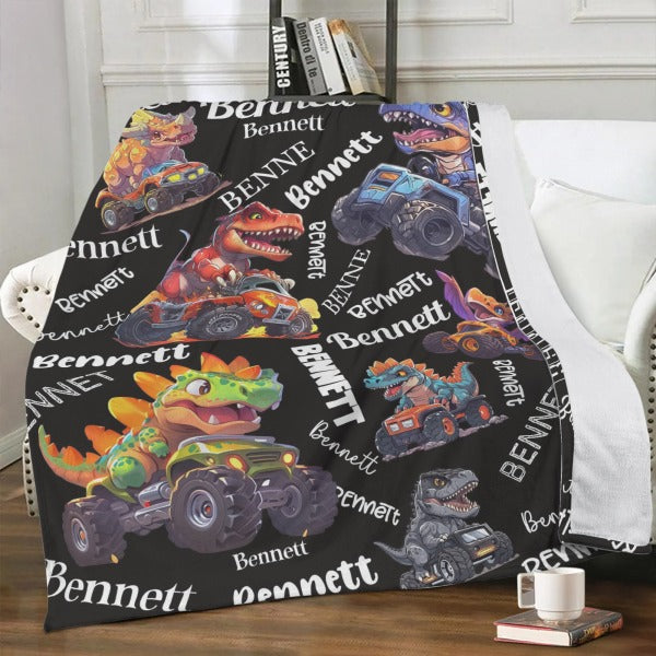 Personalized Name Monster Dinosaur Truck Blanket - Gift for Kids