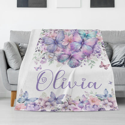 Personalized Purple Butterfly Themed Name Blanket - Gift for Kids