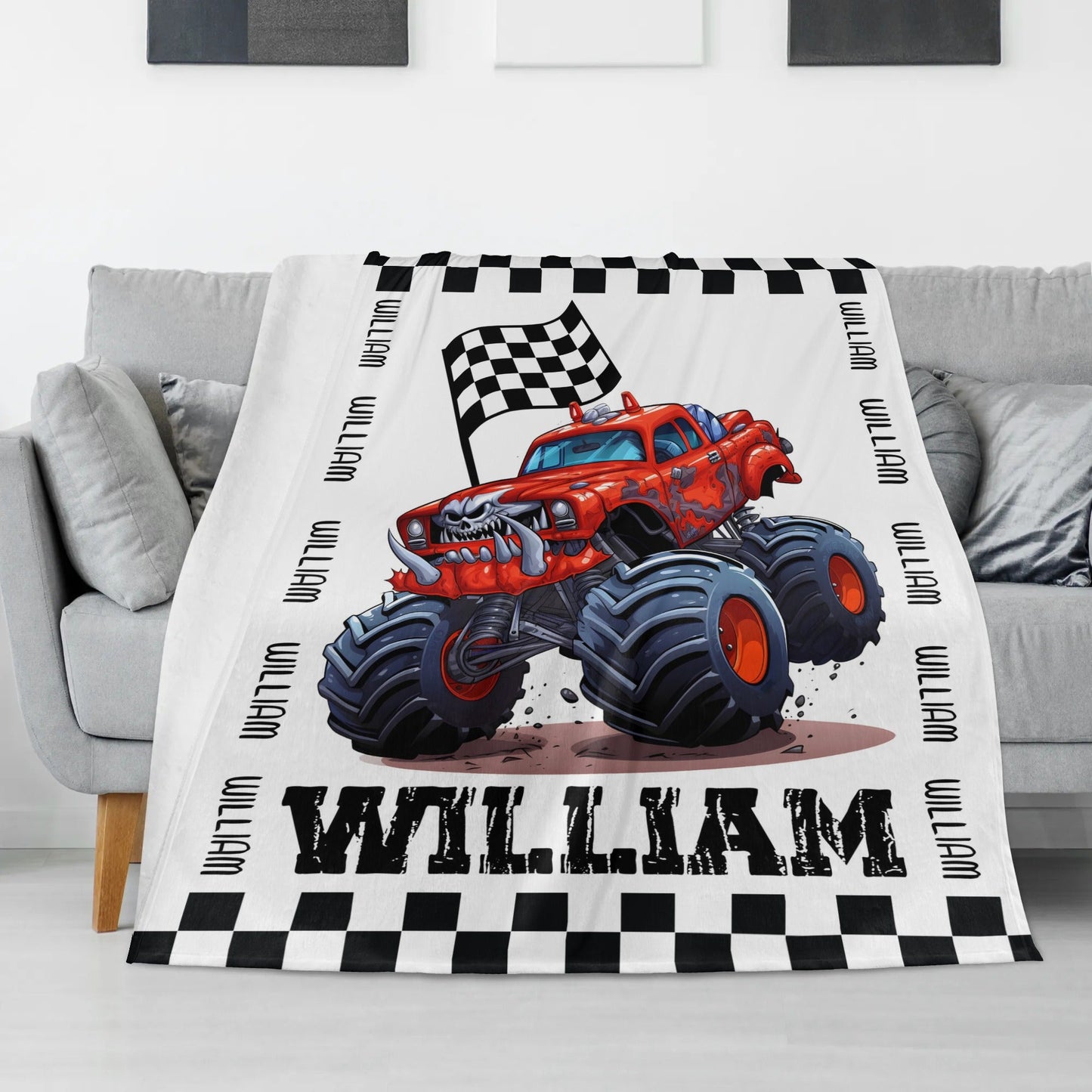 Personalized Boy Monster Truck Themed Name Blanket - Gift for Kids