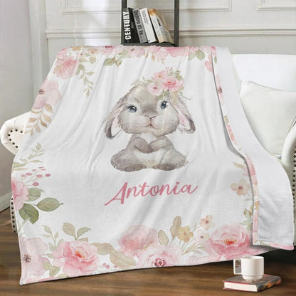 Personalized Pink Floral Rabbit Blanket - Gift for Baby