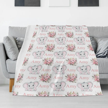 Personalized Cute Elephant Baby Name Floral Blanket - Gift for baby