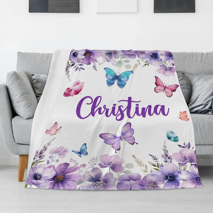 Personalized Watercolor Purple Butterfly  Baby Name Blanket - Gift for baby