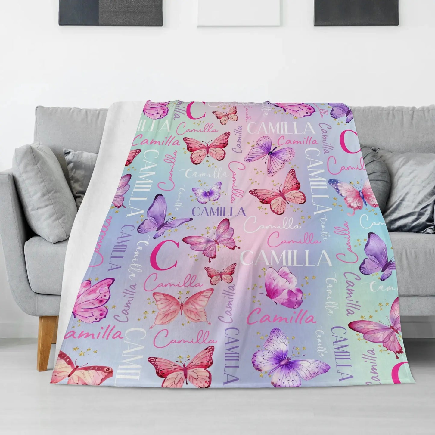 Personalized Watercolor Pink Butterfly Girl Name Blanket - Gift for Kid