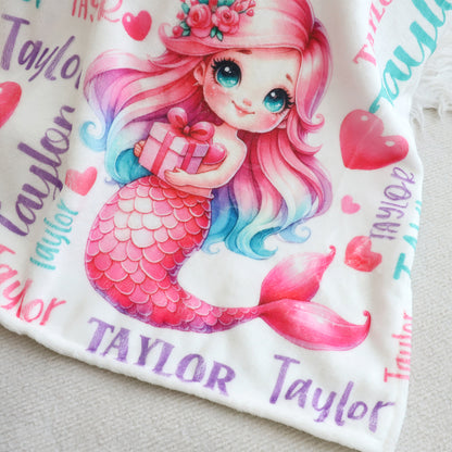 Personalized Little Mermaid Girls Name Blanket - Gift for Kids