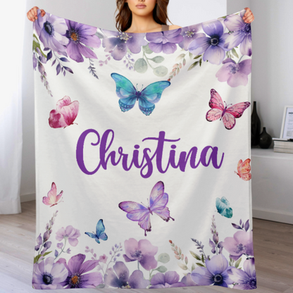 Personalized Watercolor Purple Butterfly  Baby Name Blanket - Gift for baby