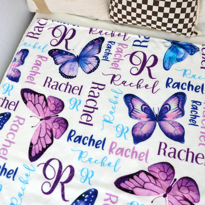 Personalized Watercolor Purple Butterflies Baby Name Blanket - Gift for Baby