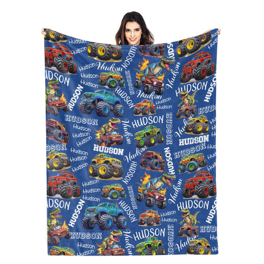 Personalized Monster Trucks Name Blanket - Gift for Kids