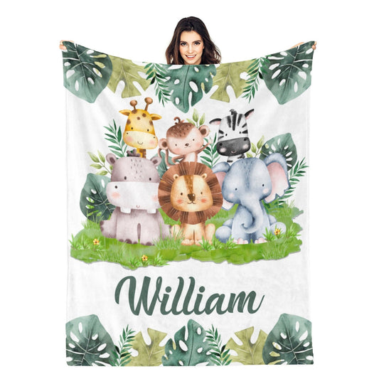 Personalized Watercolor Jungle Party Animals Kids Name Blanket - Gifts for Kids