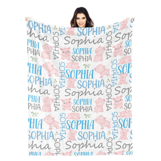 Personalized Watercolor Piggy Baby Name Blanket - Gift for Kids