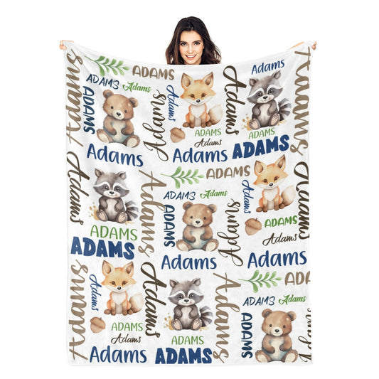 Personalized Cartoon Woodland Animals Name Blankets - Gift for Kids