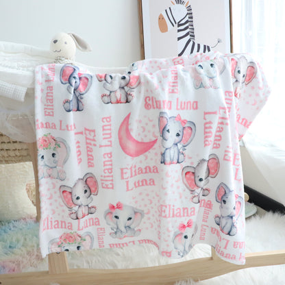 Personalized Cute Moon Girl Elephant Blankets - Gifts for Baby