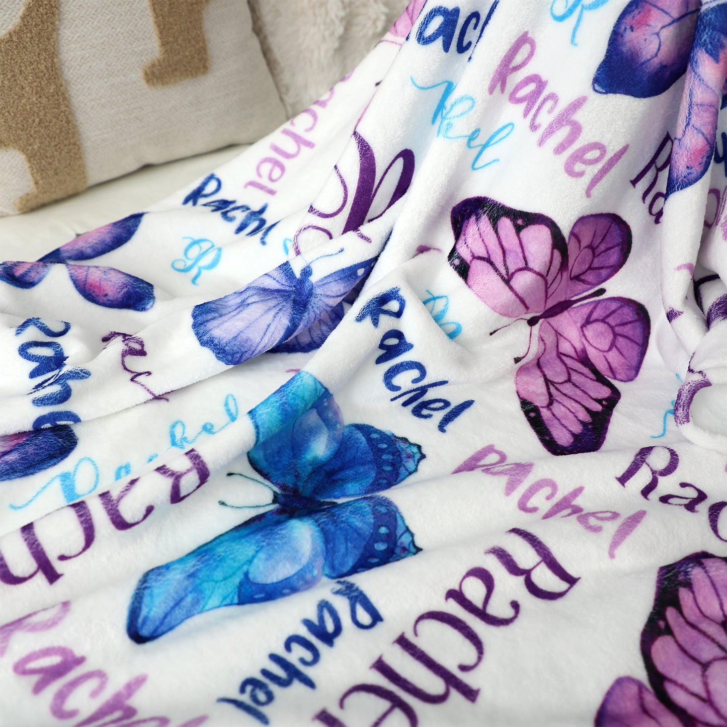 Personalized Watercolor Purple Butterflies Baby Name Blanket - Gift for Baby