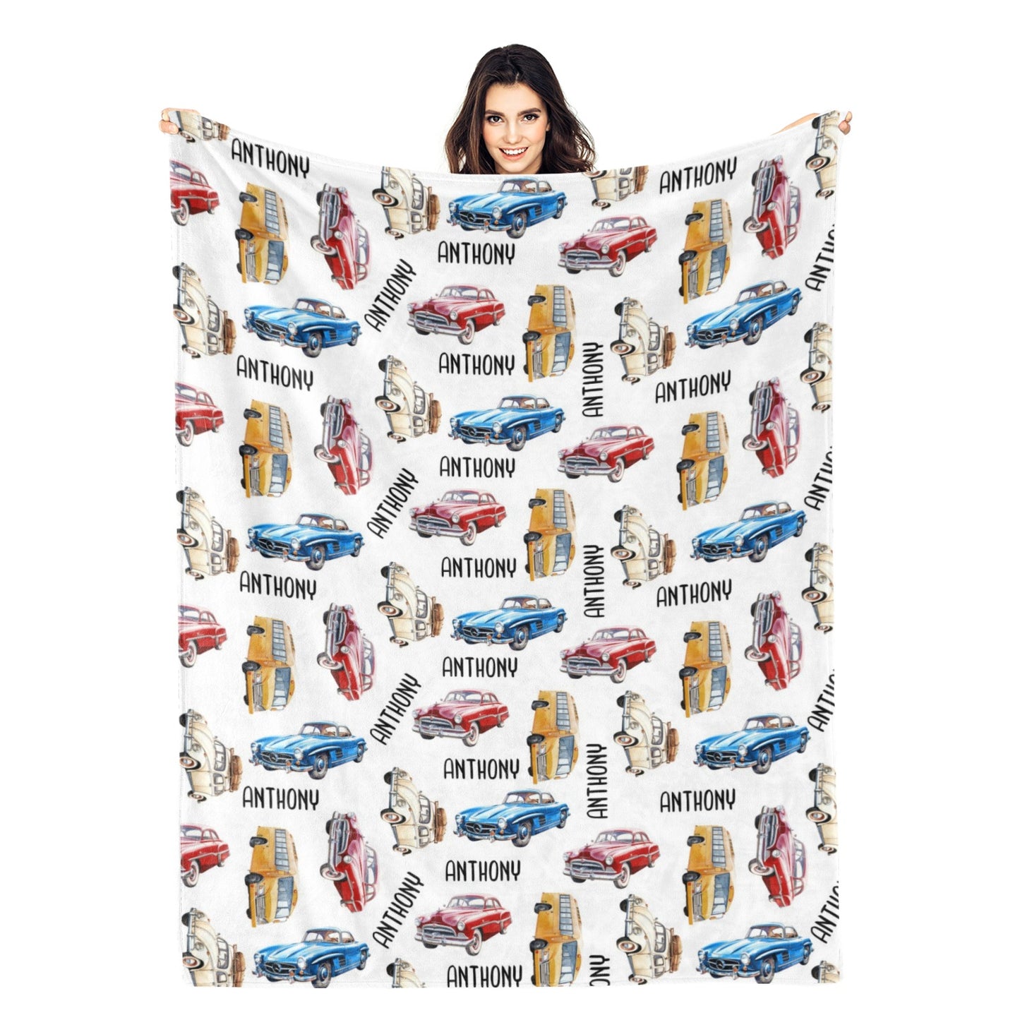 Personalized Custom Boy Vintage Cars Name Blankets - Gift for Kids