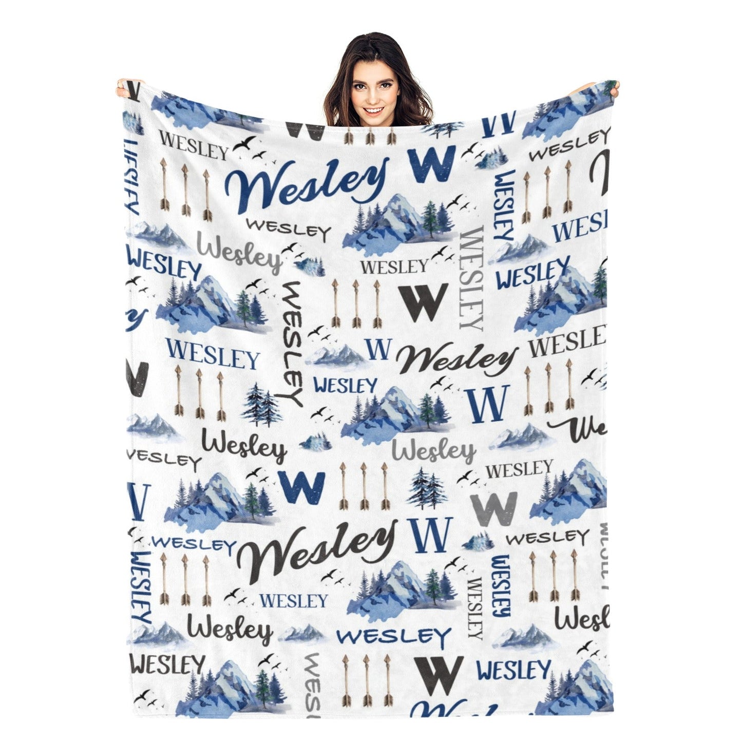 Personalized watercolor mountains and rivers name blanket - gift for kids