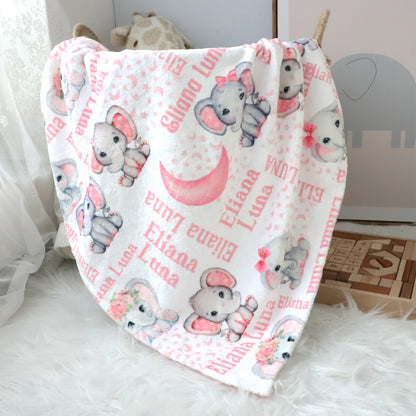 Personalized Cute Moon Girl Elephant Blankets - Gifts for Baby