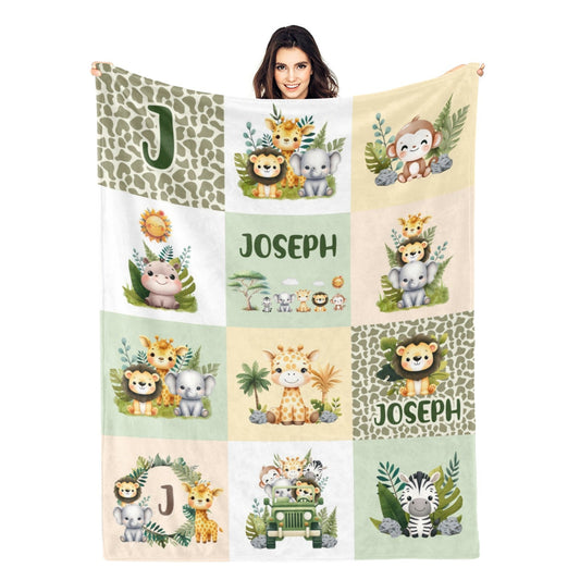 Personalized Safari Animals Children's Name Blankets - Gift for Kids