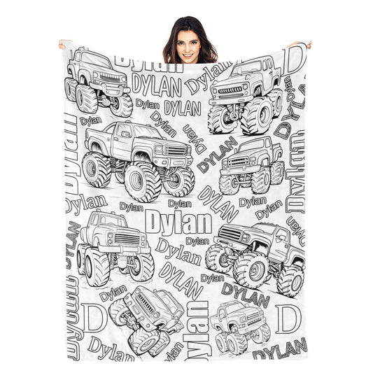 Personalized Custom Monster Truck Coloring Blanket - Gift For Kids