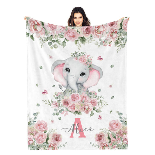 Personalized Custom Floral Elephant Name Blankets - Gift for Kids