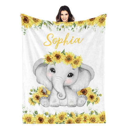 Personalized Custom Sunflowers Elephant Baby Name Blanket - Gifts for Baby