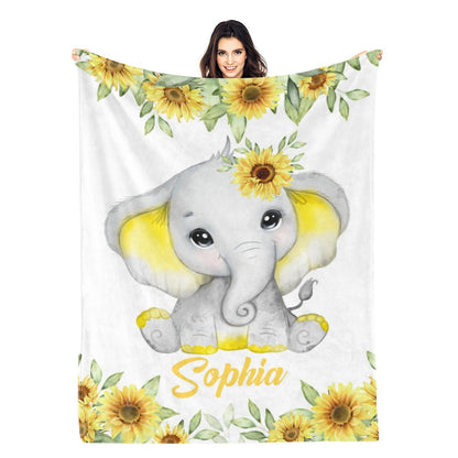 Personalized Custom Sunflower Elephant Name Blanket - Gift for Kids