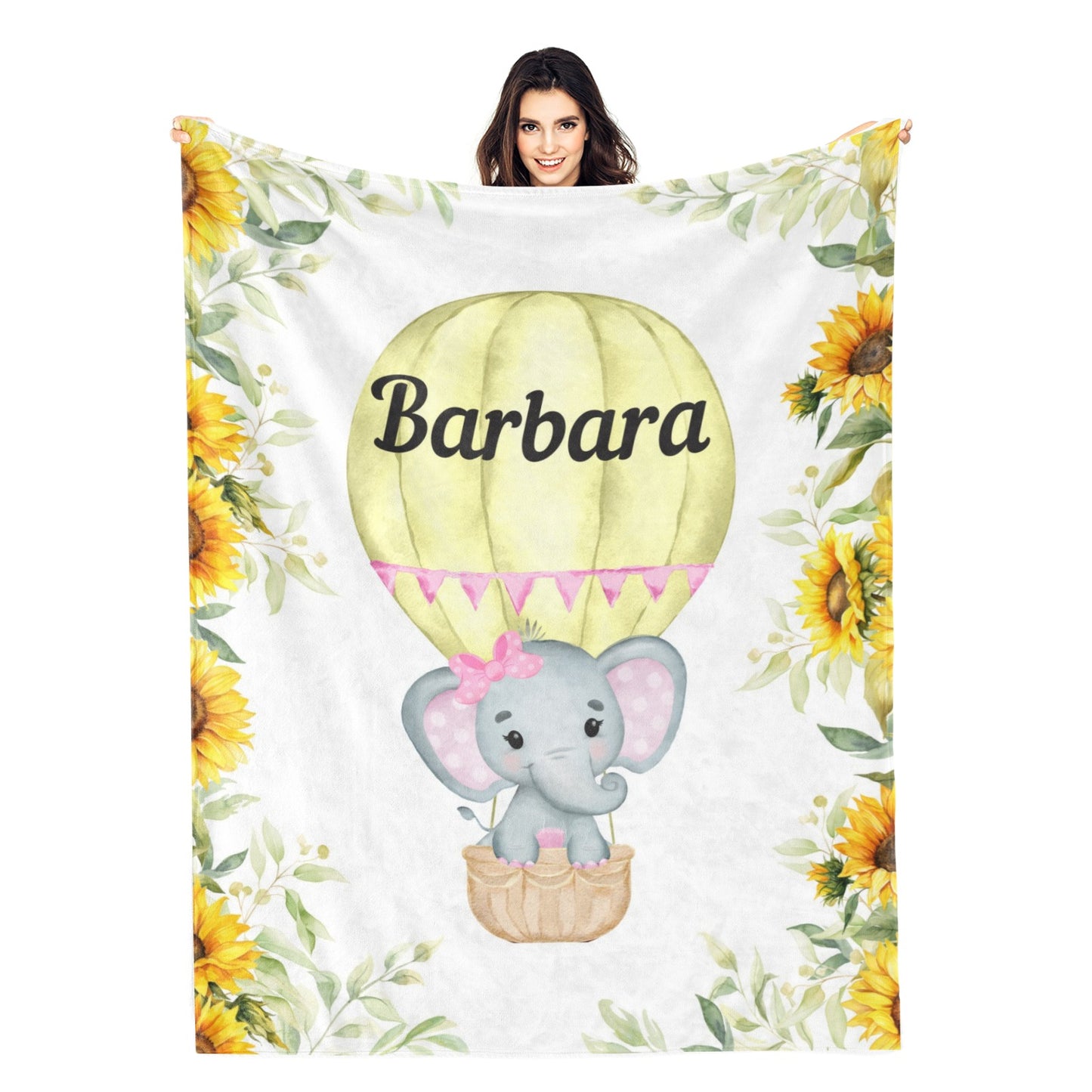 Personalized Yellow Sunflower Elephant Name Blanket - Gift for Kids