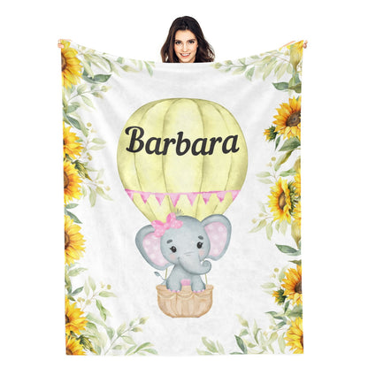 Personalized Yellow Sunflower Elephant Name Blanket - Gift for Kids