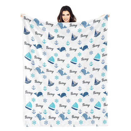 Personalized Blue Whale Baby Name Blanket - Gift for Kids