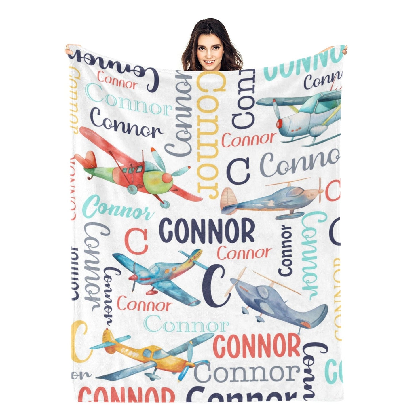 Personalized Watercolor Colorful Airplane Name Blanket - Gift for Kids