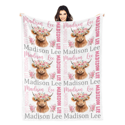 Personalized Pink Floral Collection Cow Girl Name Blanket - Gift for Kids