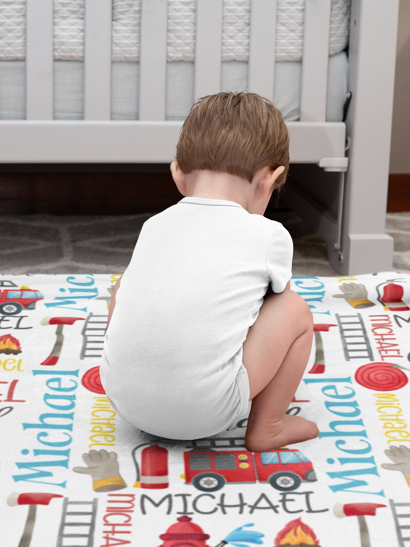 Personalized Watercolor Boy Firetruck Name Blanket - Gift for Kids