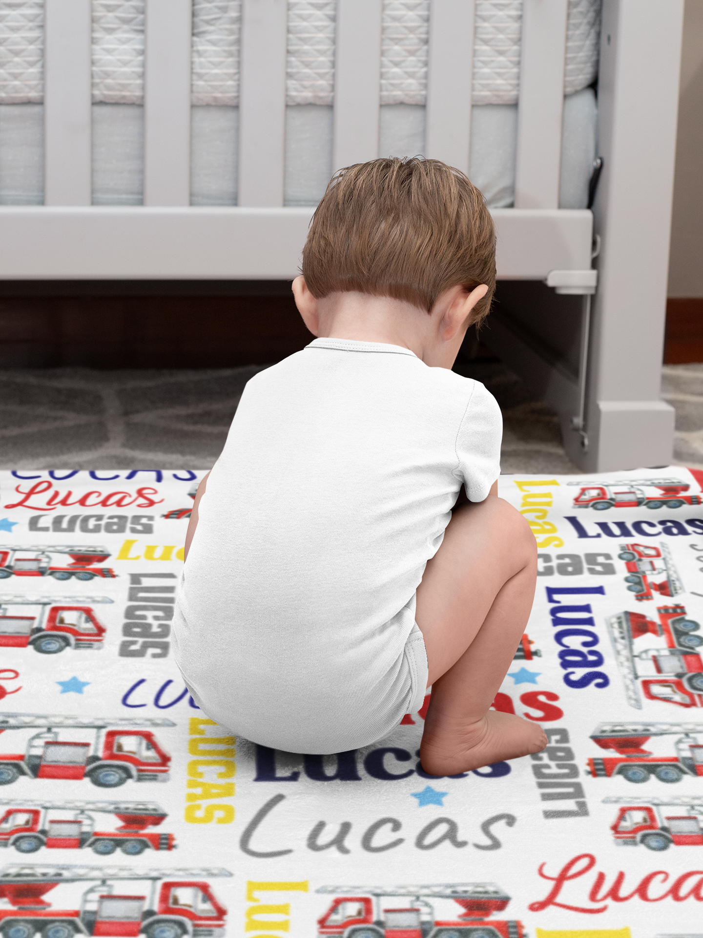 Personalized Watercolor Firetruck Baby Name Blanket - Gift for Kids