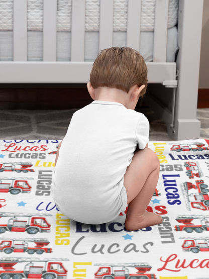 Personalized Watercolor Firetruck Baby Name Blanket - Gift for Kids