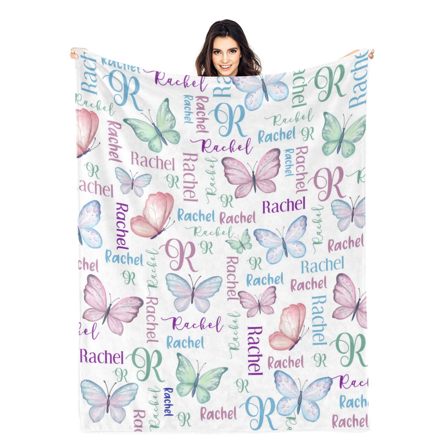 Personalized Watercolor Colorful Butterfly Name Blanket - Gift for Kids