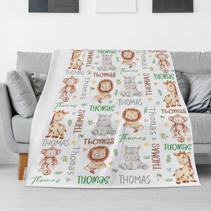 Personalized Cute Safari Animal Name Blankets - Gift for Kids