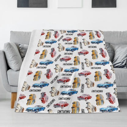 Personalized Custom Boy Vintage Cars Name Blankets - Gift for Kids