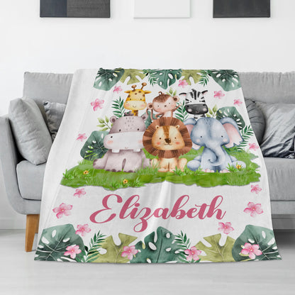 Personalized Custom Safari Animals baby Name Blanket - Gift for Kids