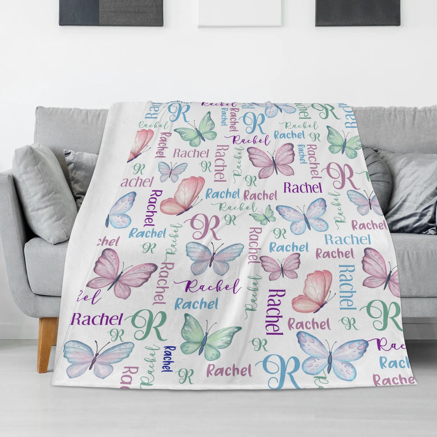 Personalized Watercolor Colorful Butterfly Name Blanket - Gift for Kids