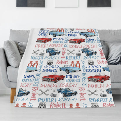 Personalized Retro Sport Cars Name Blanket - Gift for Kids