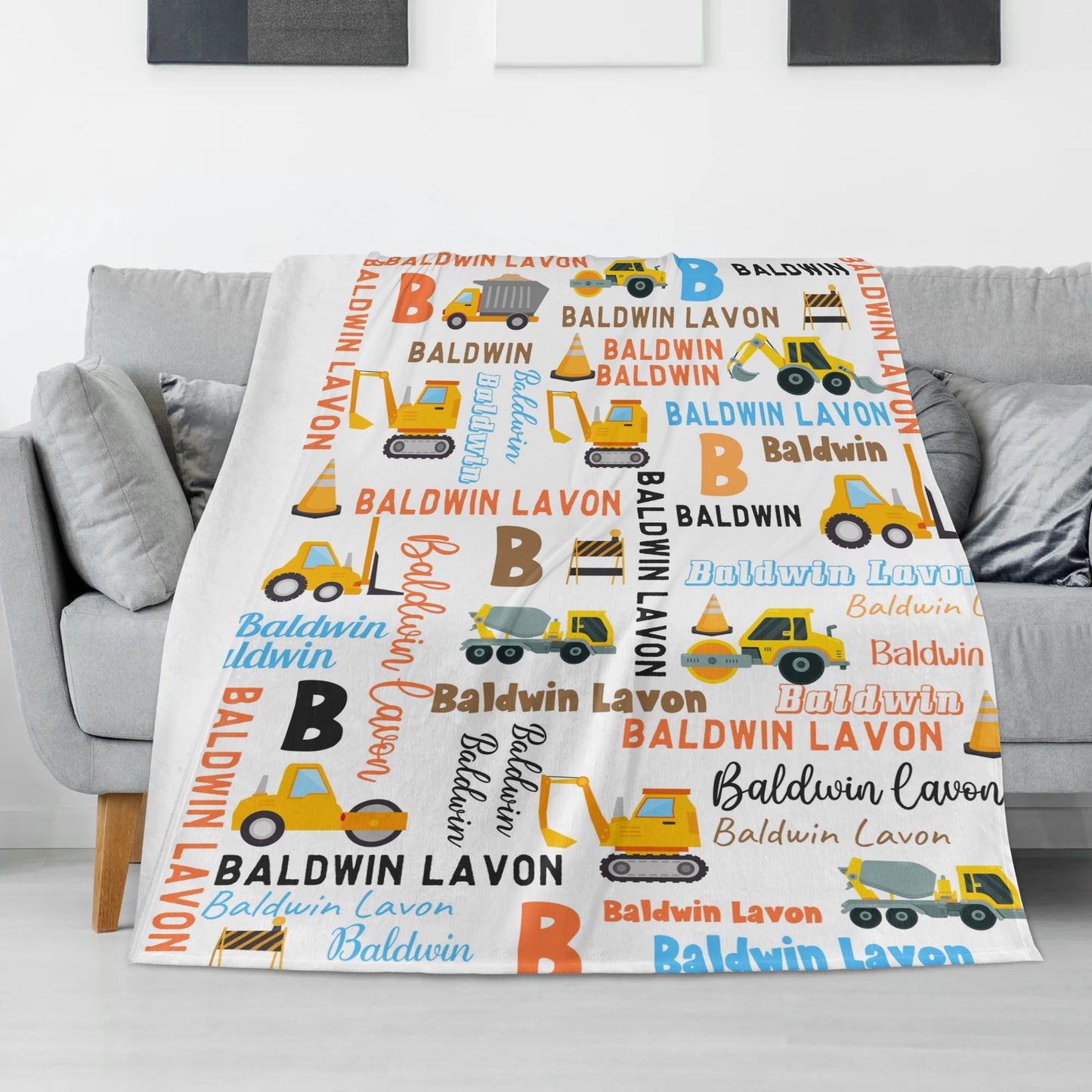 Personalized Yellow Construction Truck Prompt Name Blanket - Gift for Kids