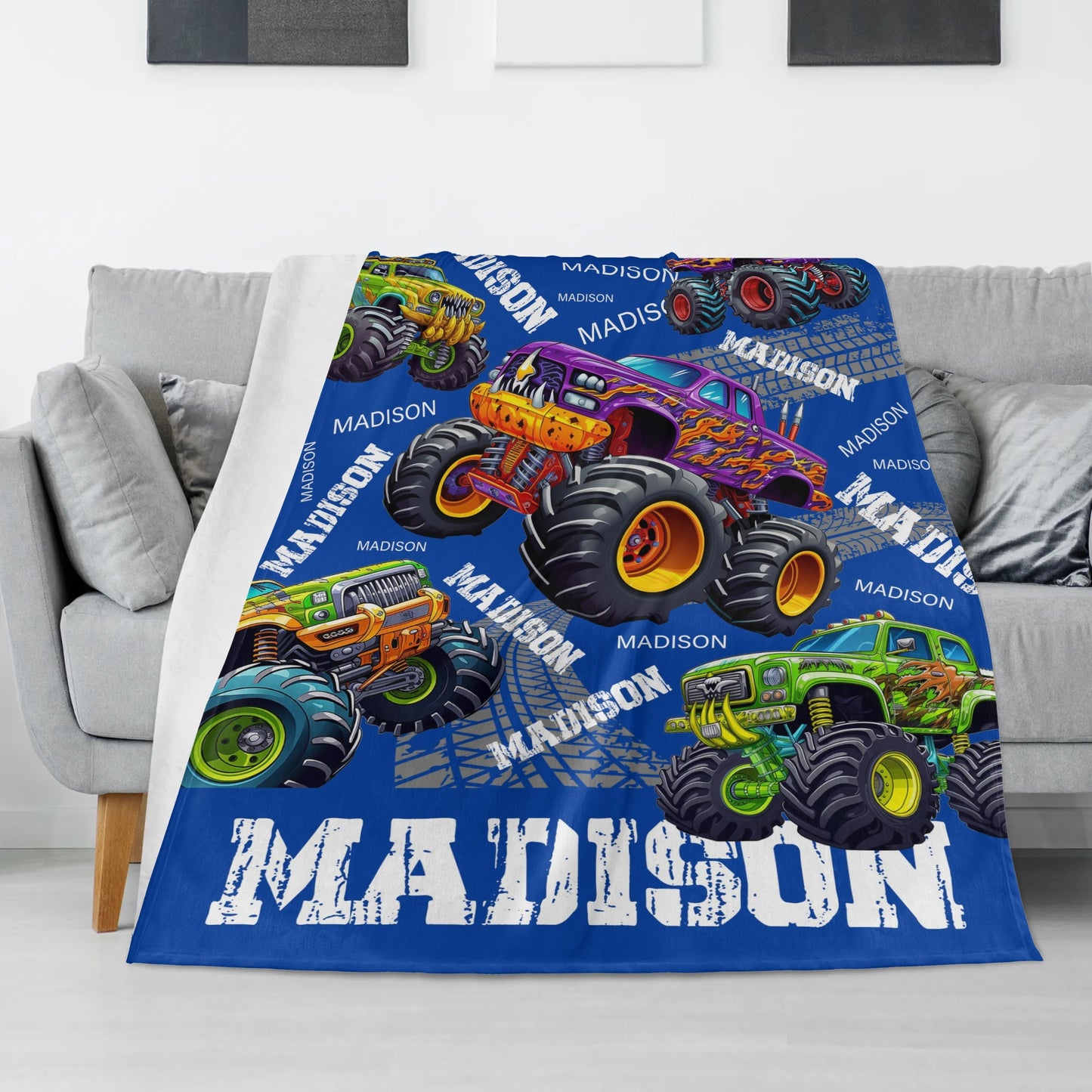 Personalized Monster Truck Themed Name Blanket - Gift for Kids