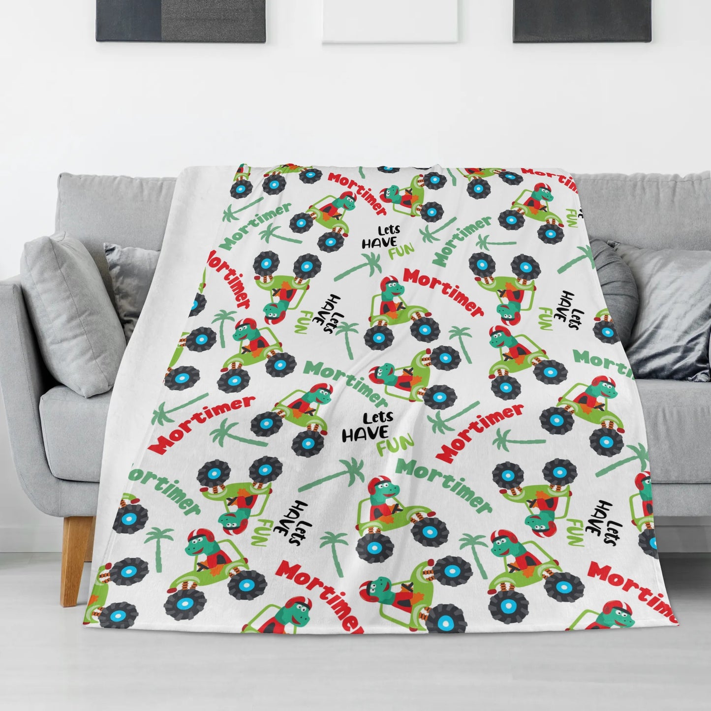 Personalized Cartoon Dinosaur Mountain Theme Name Blanket - Gift for Kids