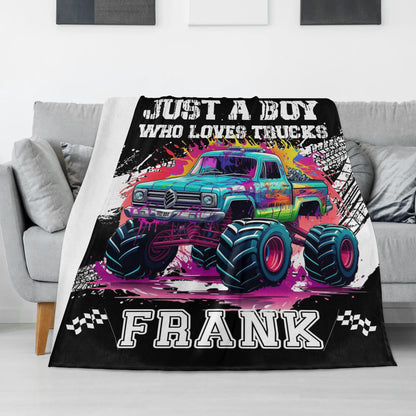 Personalized colorful monster truck themed name blanket - Kids gift