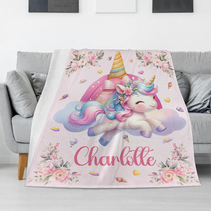 Personalized Unicorn Flowers Name Blanket - Gift for Kids