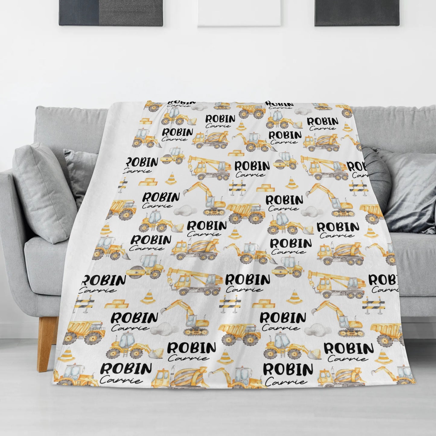 Personalised Watercolour Yellow Construction Truck Boys Name Blanket - Gift for Kids