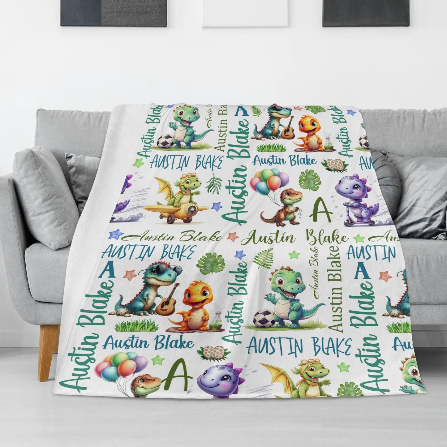 Personalized Cute Dinosaurs Themed Name Blankets - Gift for Kids