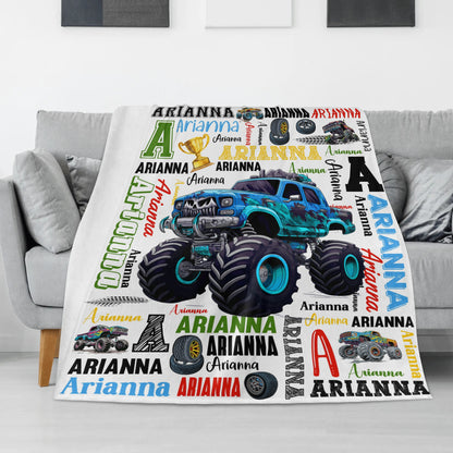 Personalized Monster Truck Boy Name Blankets - Gift for Kids