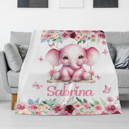 Personalized Watercolor Baby Elephant Garden Name Blanket - Gift for Baby